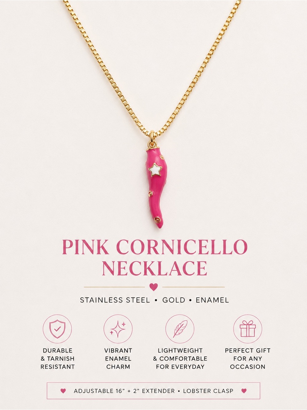 Pink Enamel Italian Cornicello Necklace on Gold Plated Stainless Steel Box Chain